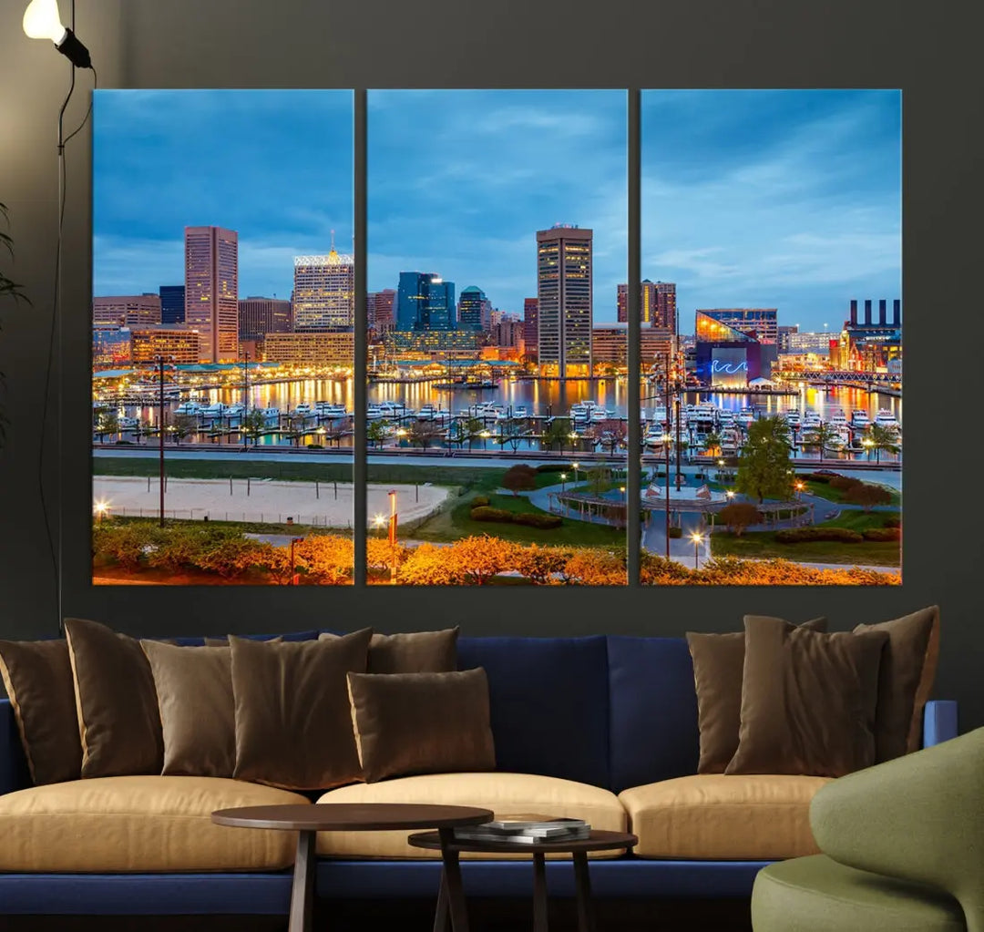 Baltimore City Inner Harbor Night Blue Skyline Cityscape Wall Art Canvas Print