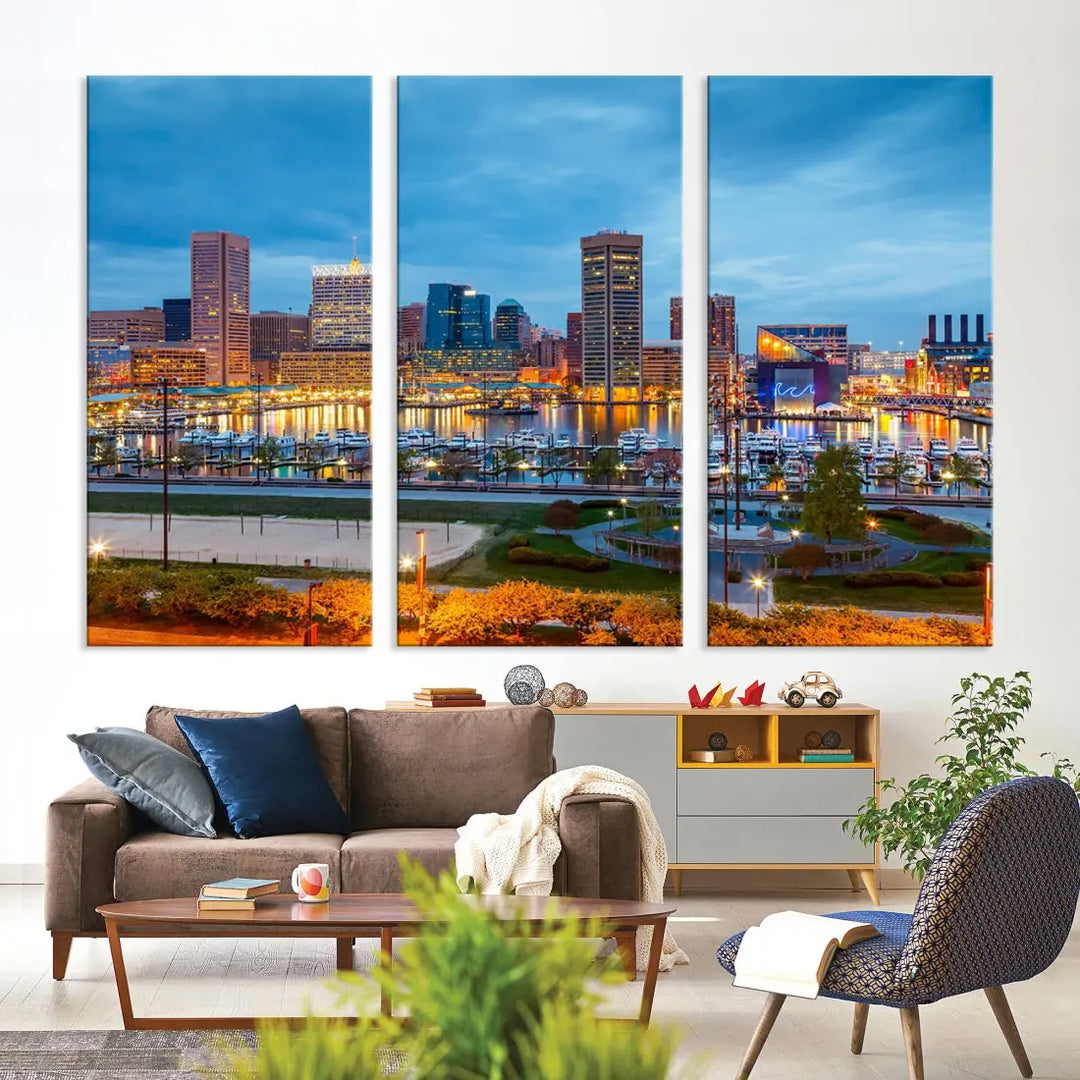 Baltimore City Inner Harbor Night Blue Skyline Cityscape Wall Art Canvas Print