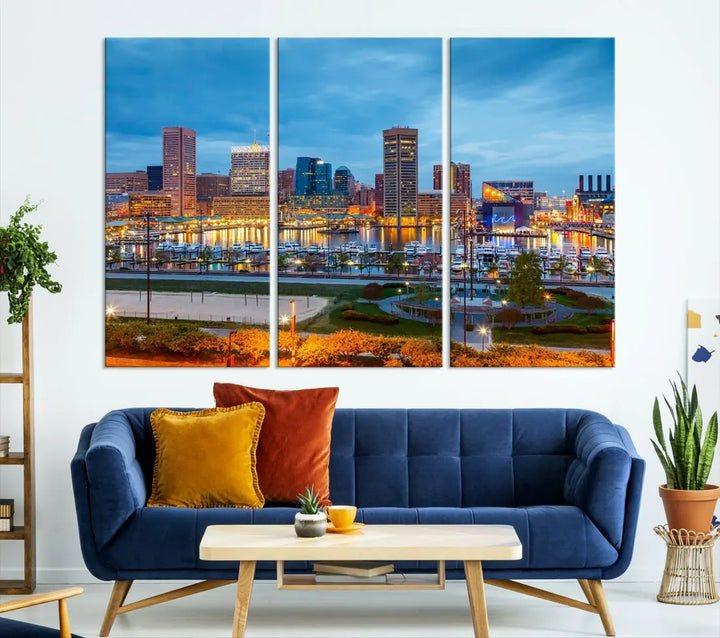 Baltimore City Inner Harbor Night Blue Skyline Cityscape Wall Art Canvas Print