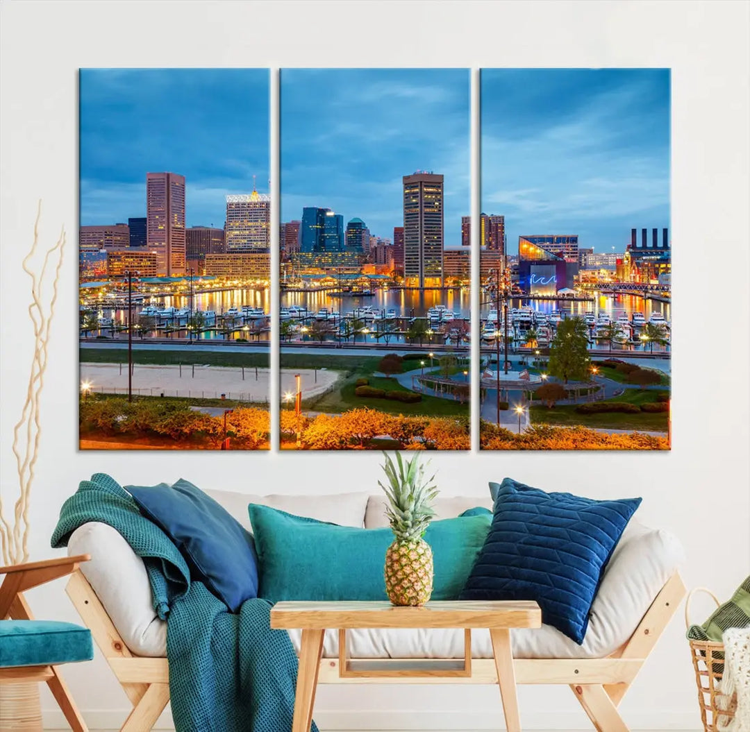 Baltimore City Inner Harbor Night Blue Skyline Cityscape Wall Art Canvas Print