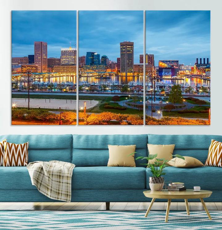 Baltimore City Inner Harbor Night Blue Skyline Cityscape Wall Art Canvas Print