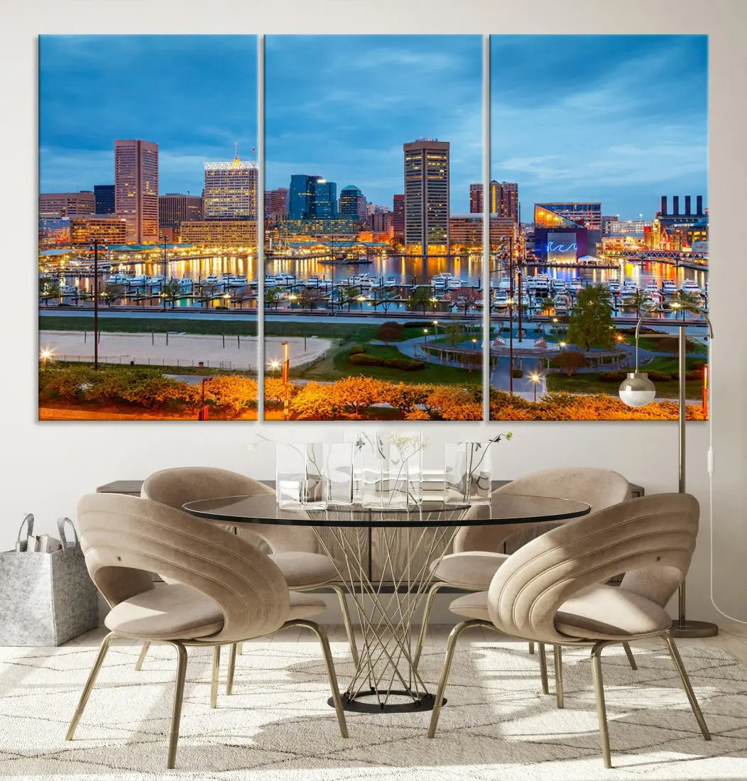 Baltimore City Inner Harbor Night Blue Skyline Cityscape Wall Art Canvas Print