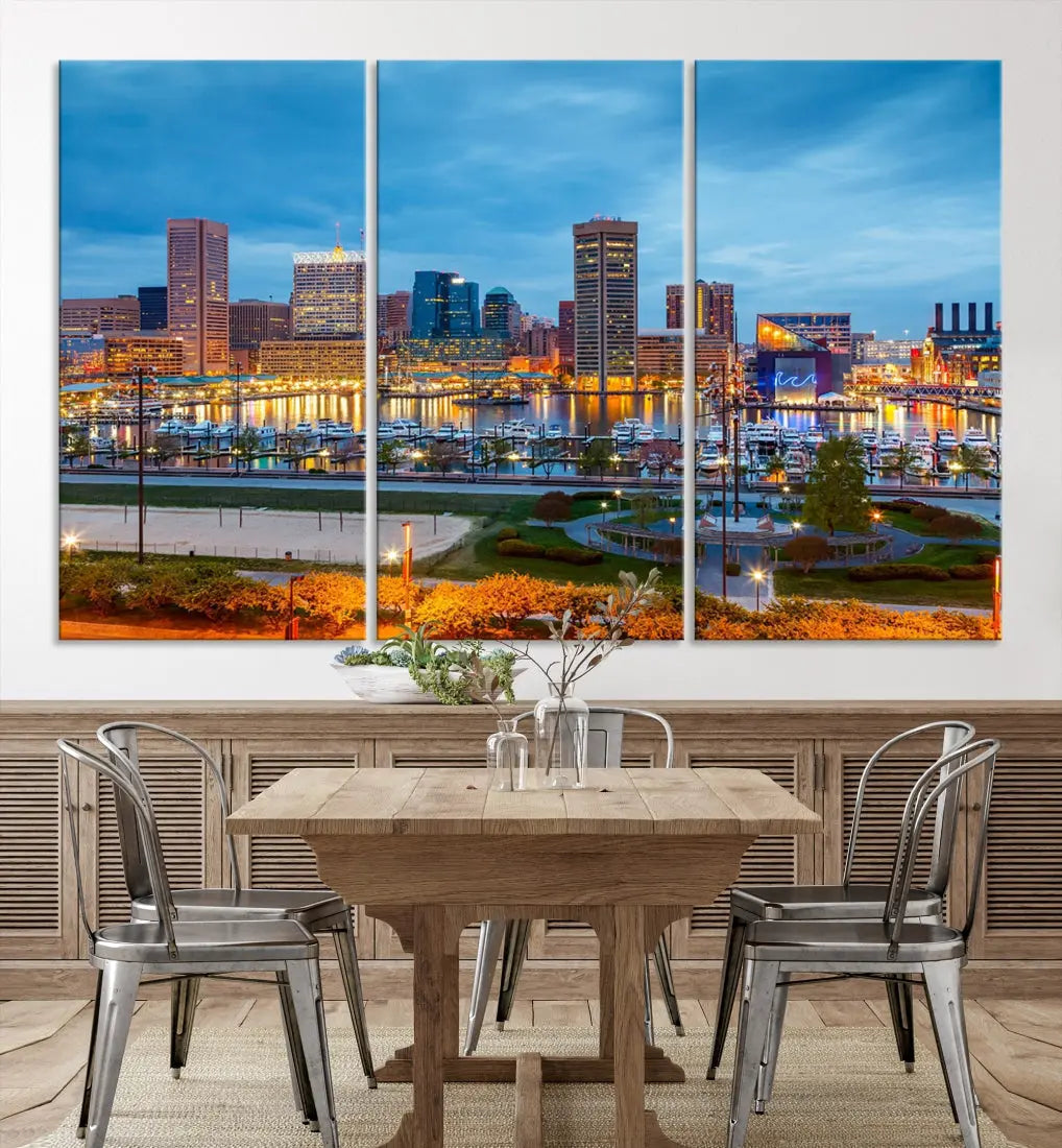 Baltimore City Inner Harbor Night Blue Skyline Cityscape Wall Art Canvas Print