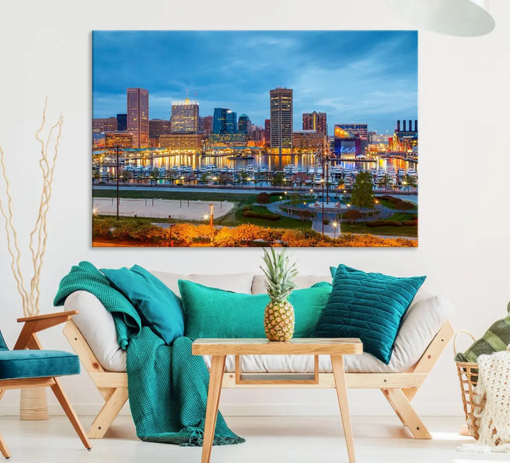 Baltimore City Inner Harbor Night Blue Skyline Cityscape Wall Art Canvas Print