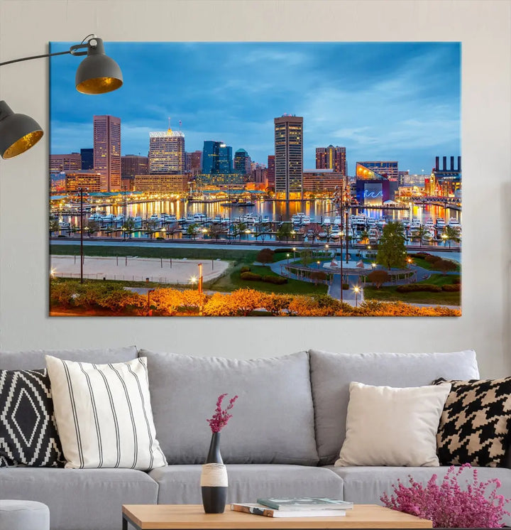 Baltimore City Inner Harbor Night Blue Skyline Cityscape Wall Art Canvas Print