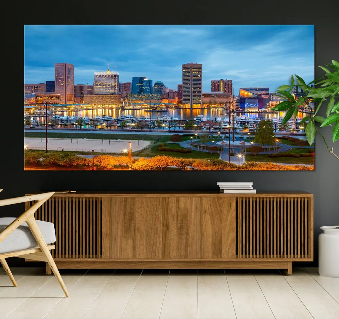 Baltimore City Inner Harbor Night Blue Skyline Cityscape Wall Art Canvas Print