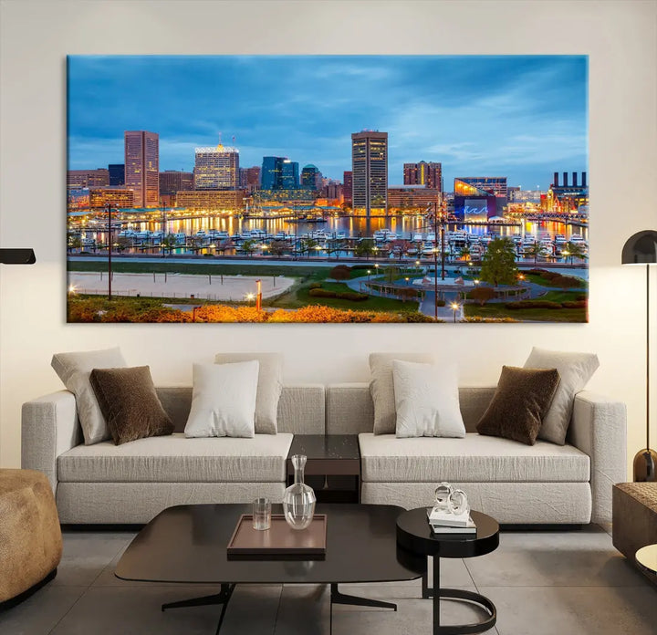 Baltimore City Inner Harbor Night Blue Skyline Cityscape Wall Art Canvas Print