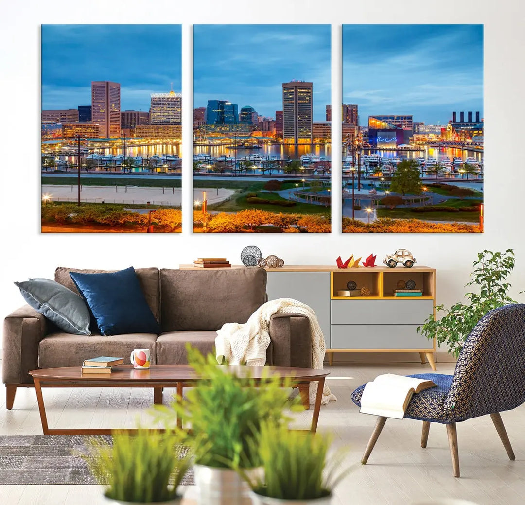 Baltimore City Inner Harbor Night Blue Skyline Cityscape Wall Art Canvas Print