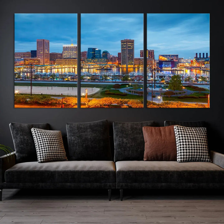 Baltimore City Inner Harbor Night Blue Skyline Cityscape Wall Art Canvas Print