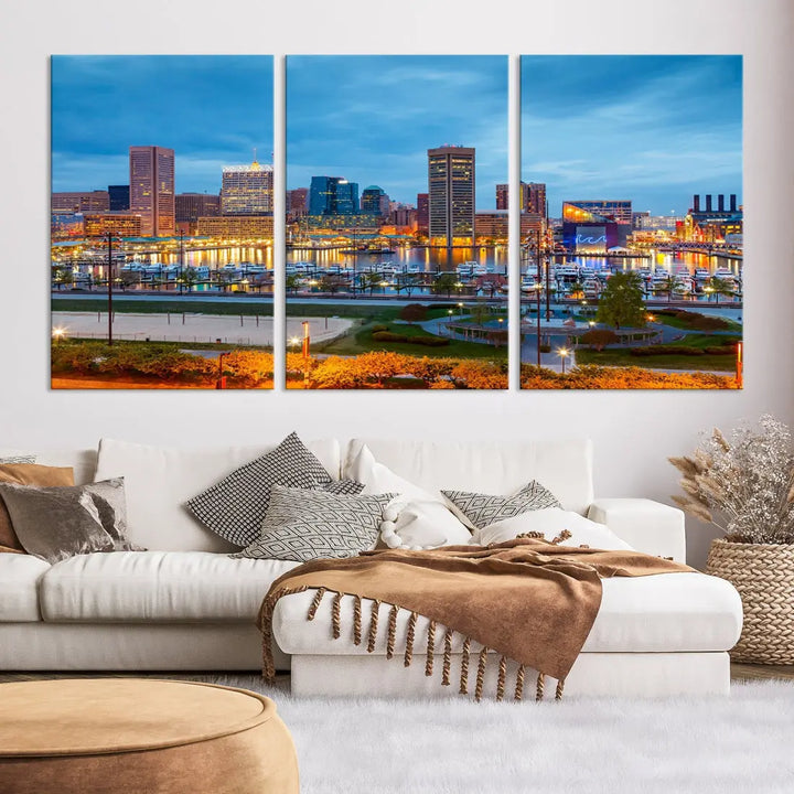 Baltimore City Inner Harbor Night Blue Skyline Cityscape Wall Art Canvas Print