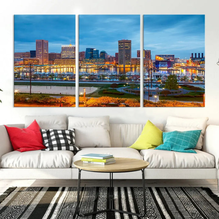 Baltimore City Inner Harbor Night Blue Skyline Cityscape Wall Art Canvas Print