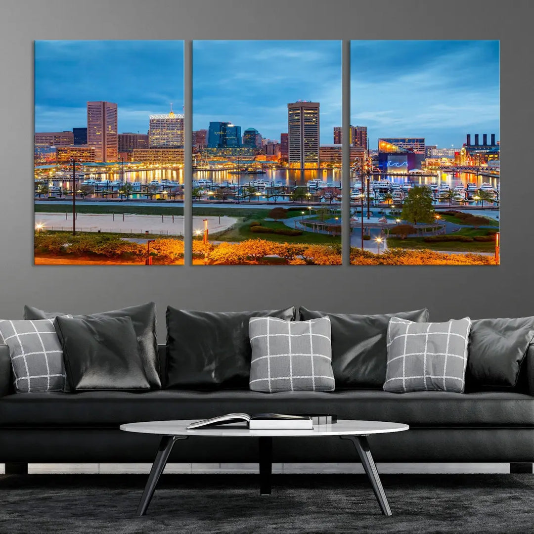 Baltimore City Inner Harbor Night Blue Skyline Cityscape Wall Art Canvas Print