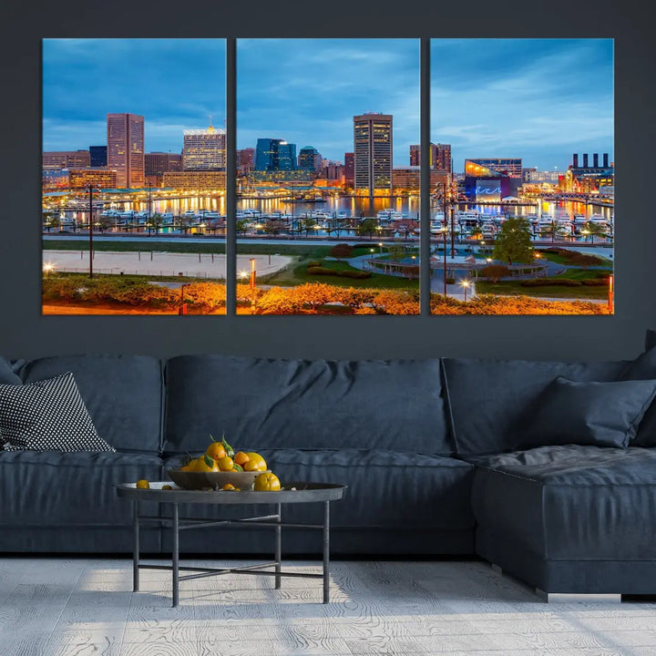 Baltimore City Inner Harbor Night Blue Skyline Cityscape Wall Art Canvas Print