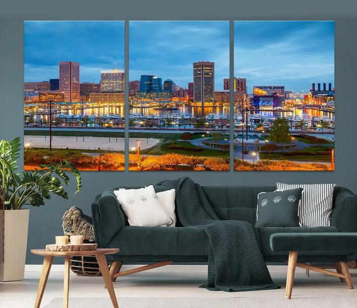 Baltimore City Inner Harbor Night Blue Skyline Cityscape Wall Art Canvas Print