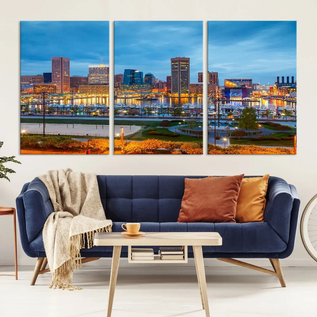 Baltimore City Inner Harbor Night Blue Skyline Cityscape Wall Art Canvas Print