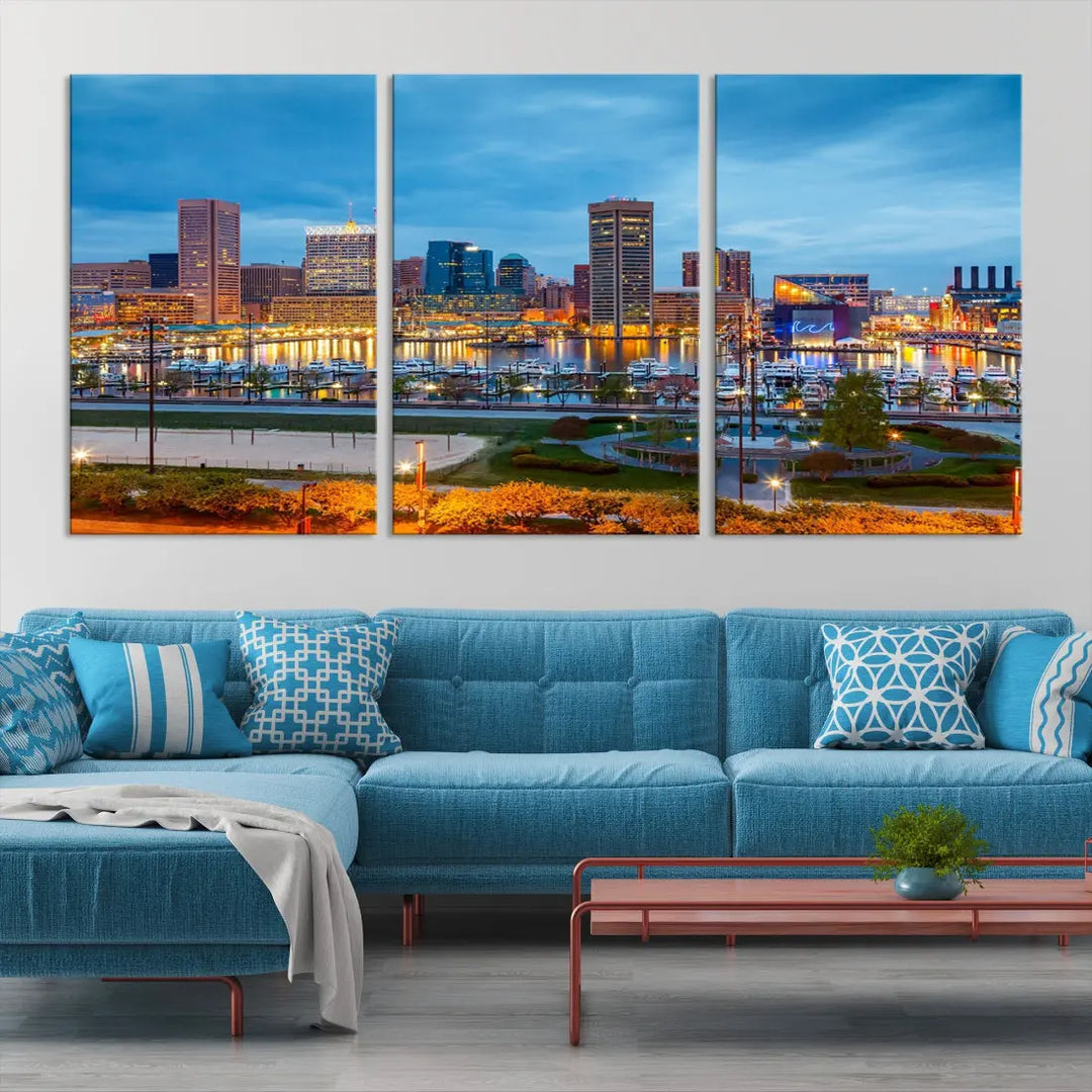 Baltimore City Inner Harbor Night Blue Skyline Cityscape Wall Art Canvas Print