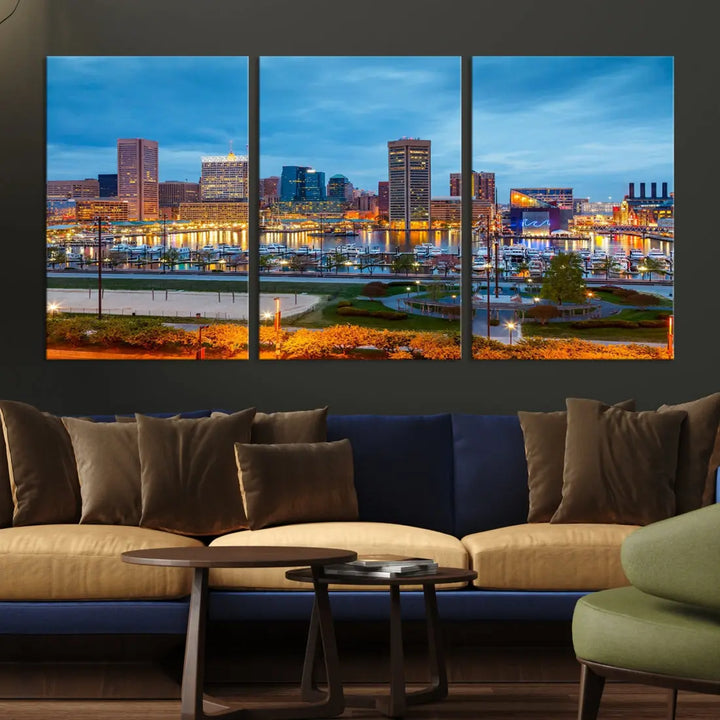 Baltimore City Inner Harbor Night Blue Skyline Cityscape Wall Art Canvas Print