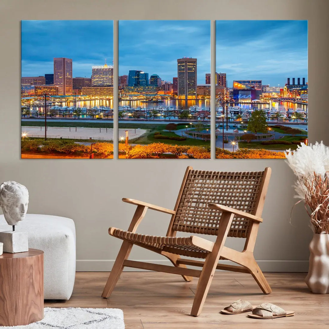 Baltimore City Inner Harbor Night Blue Skyline Cityscape Wall Art Canvas Print