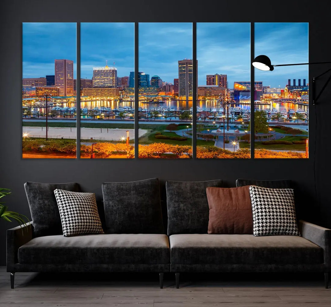 Baltimore City Inner Harbor Night Blue Skyline Cityscape Wall Art Canvas Print