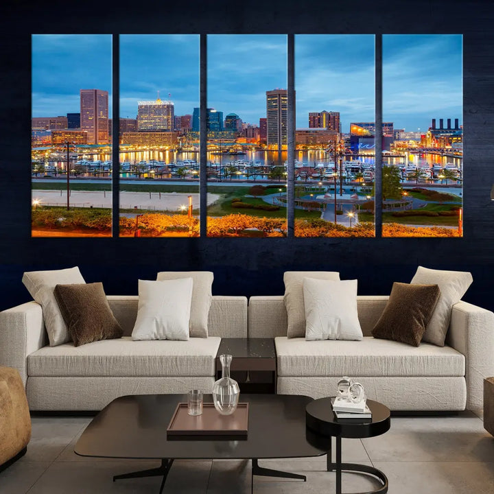 Baltimore City Inner Harbor Night Blue Skyline Cityscape Wall Art Canvas Print