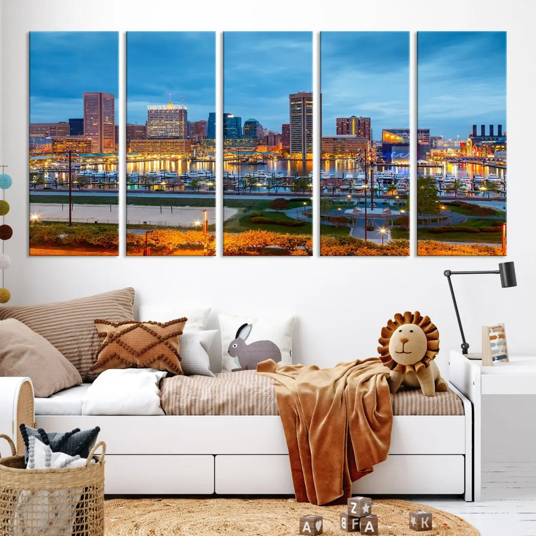 Baltimore City Inner Harbor Night Blue Skyline Cityscape Wall Art Canvas Print