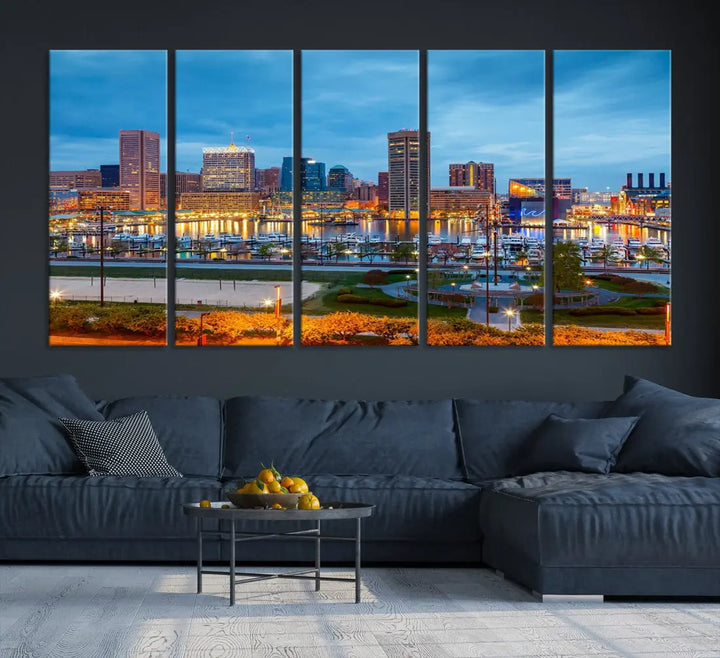 Baltimore City Inner Harbor Night Blue Skyline Cityscape Wall Art Canvas Print