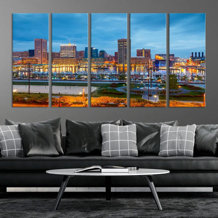 Baltimore City Inner Harbor Night Blue Skyline Cityscape Wall Art Canvas Print