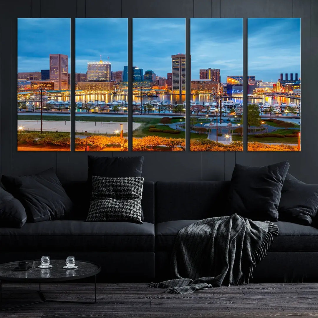 Baltimore City Inner Harbor Night Blue Skyline Cityscape Wall Art Canvas Print