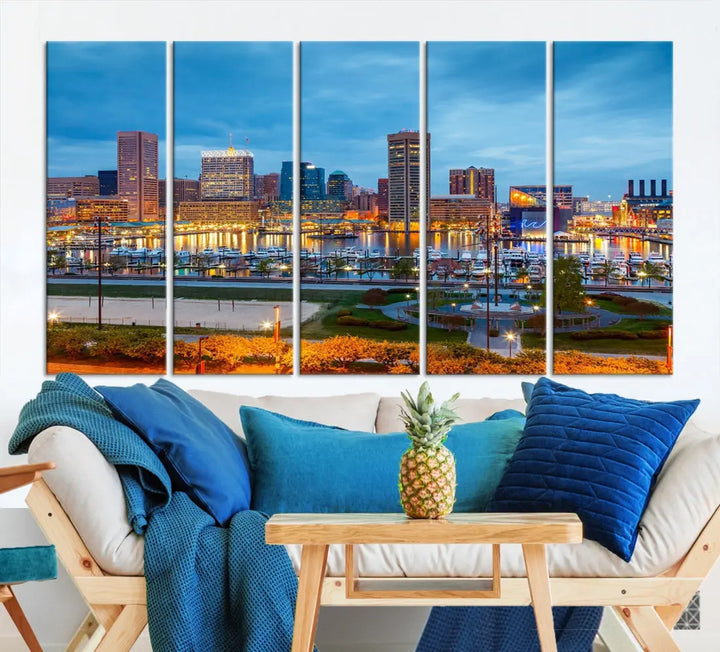 Baltimore City Inner Harbor Night Blue Skyline Cityscape Wall Art Canvas Print