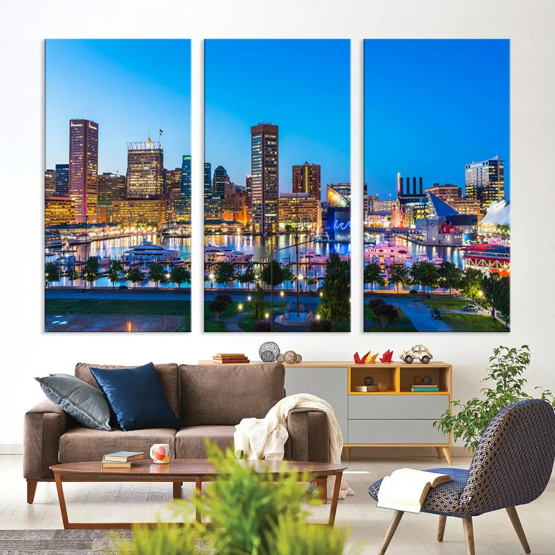 Baltimore City Lights Blue Skyline Large Wall Art Print Canvas Decor