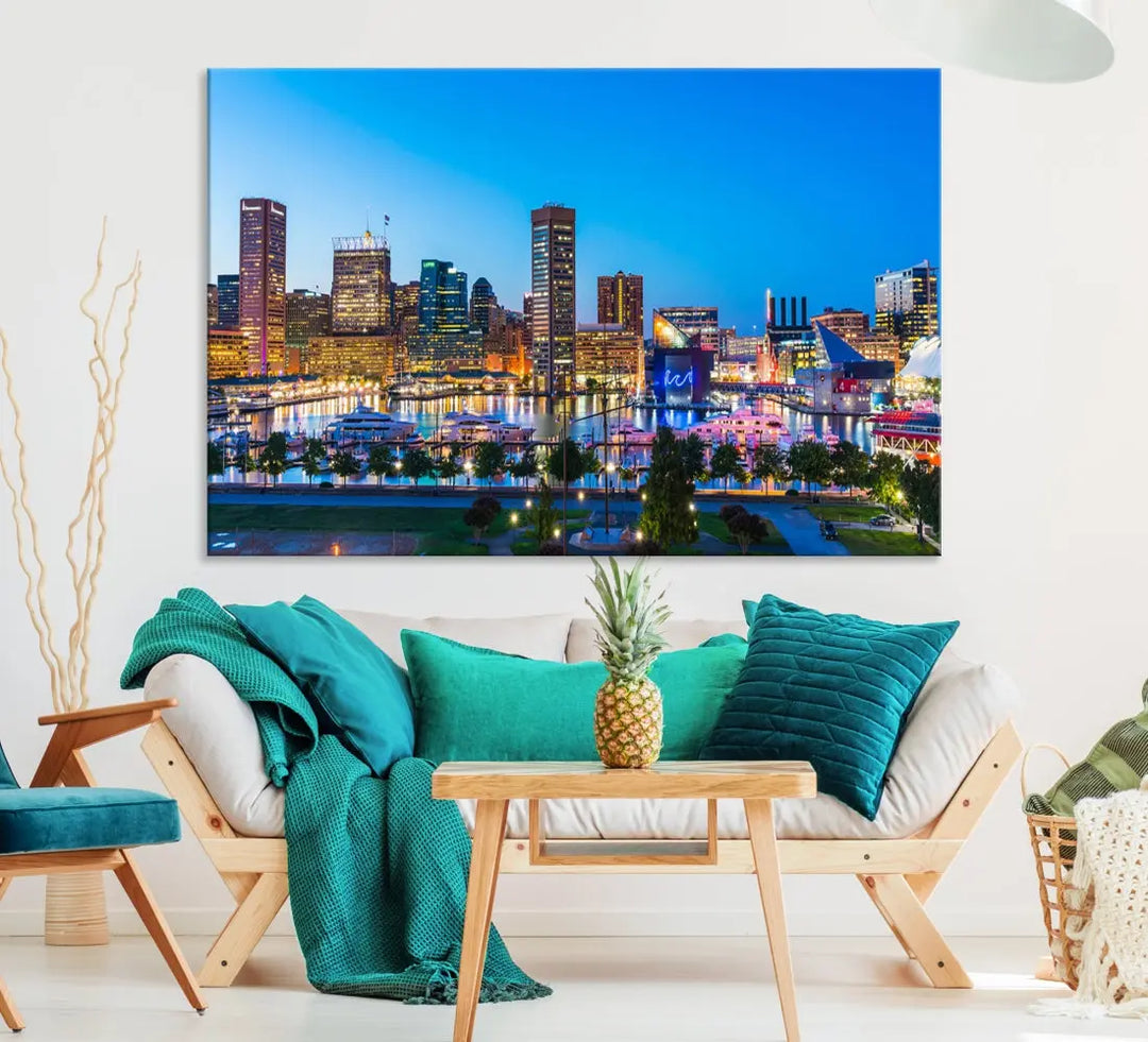 Baltimore City Lights Blue Skyline Large Wall Art Print Canvas Decor