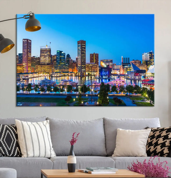 Baltimore City Lights Blue Skyline Large Wall Art Print Canvas Decor