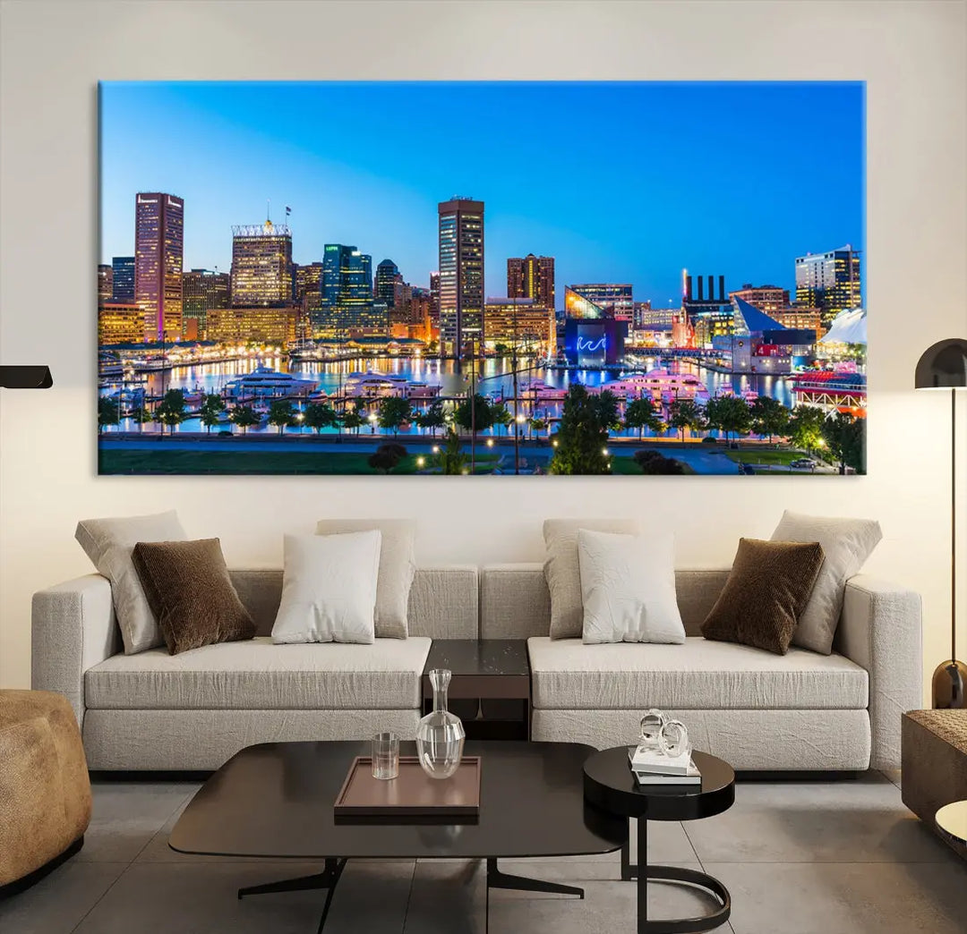 Baltimore City Lights Blue Skyline Large Wall Art Print Canvas Decor