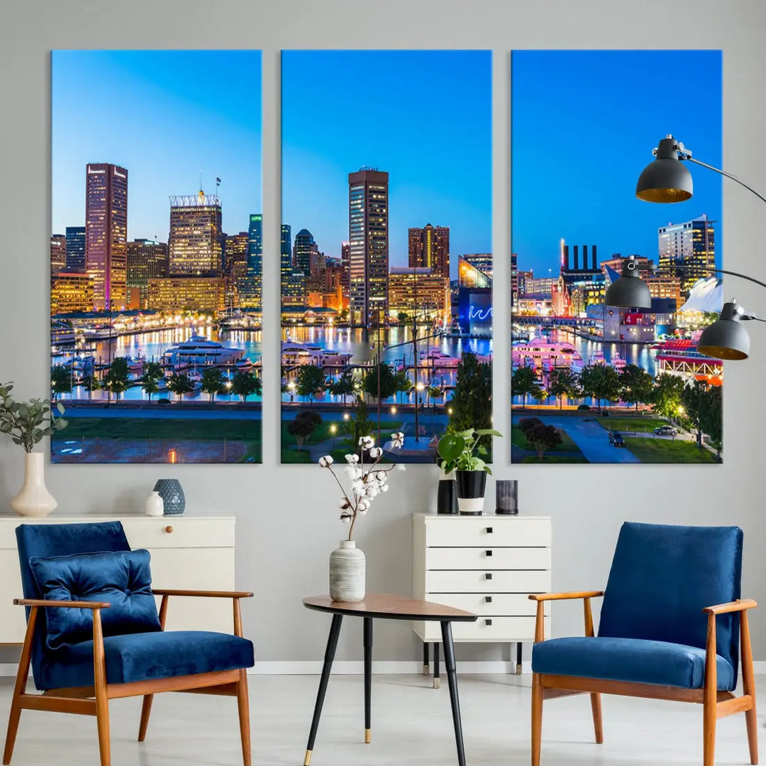 Baltimore City Lights Blue Skyline Large Wall Art Print Canvas Decor