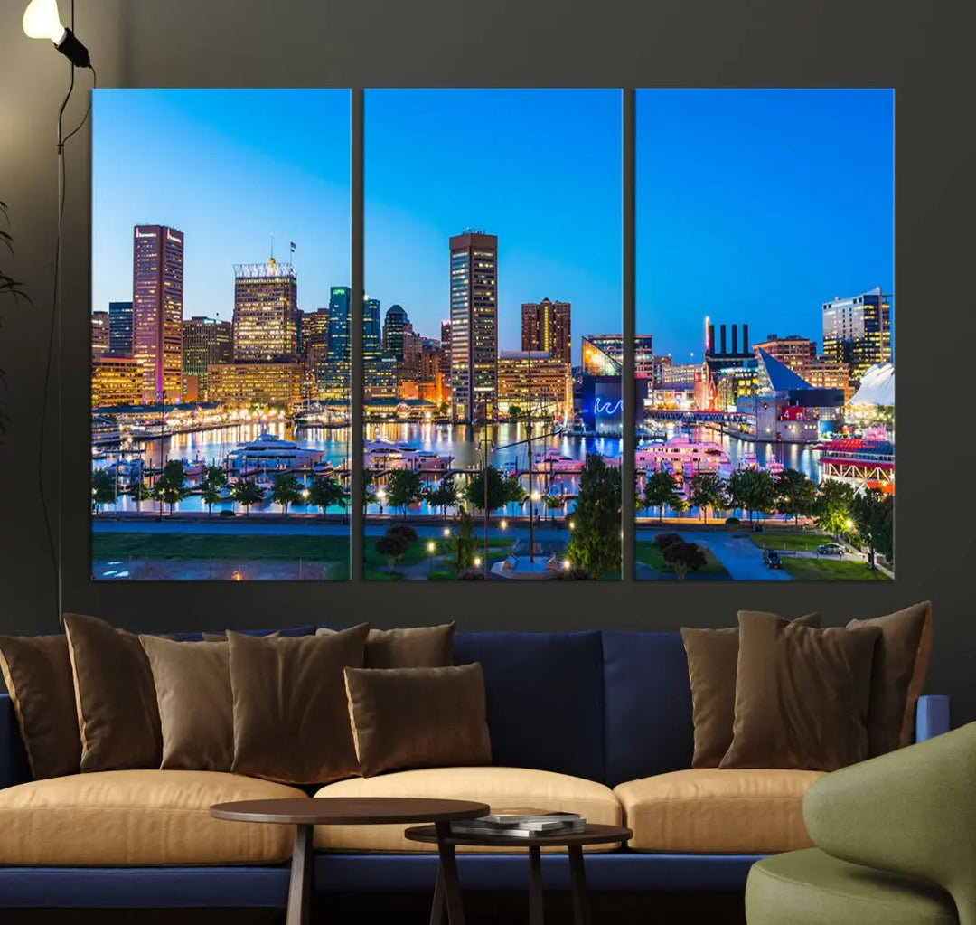 Baltimore City Lights Blue Skyline Large Wall Art Print Canvas Decor