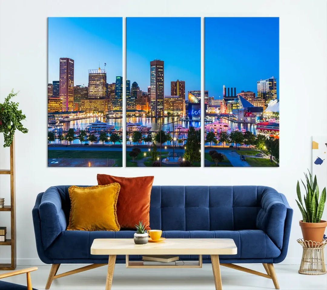 Baltimore City Lights Blue Skyline Large Wall Art Print Canvas Decor