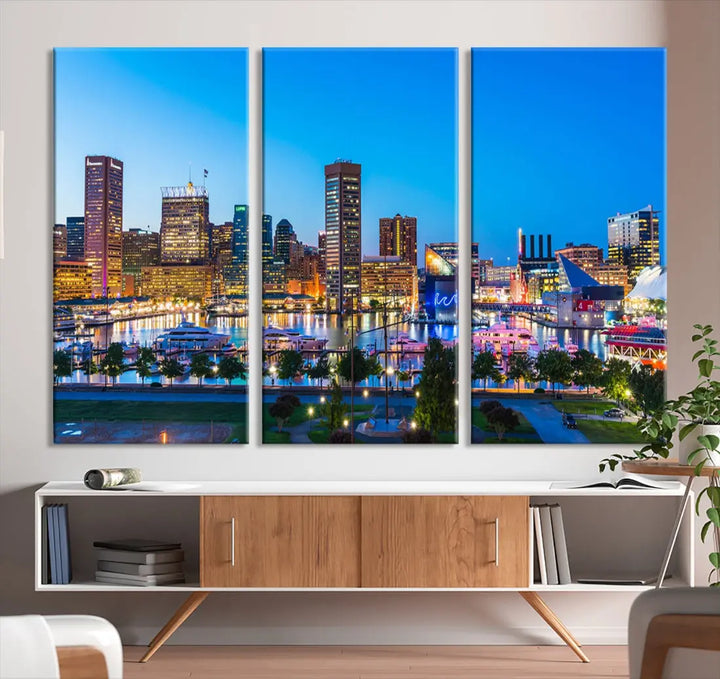 Baltimore City Lights Blue Skyline Large Wall Art Print Canvas Decor