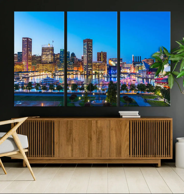 Baltimore City Lights Blue Skyline Large Wall Art Print Canvas Decor