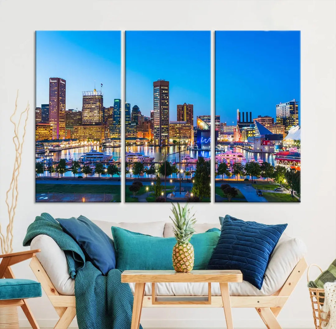 Baltimore City Lights Blue Skyline Large Wall Art Print Canvas Decor