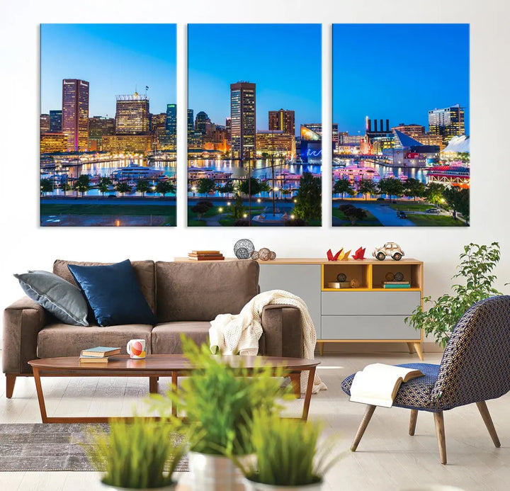 Baltimore City Lights Blue Skyline Large Wall Art Print Canvas Decor