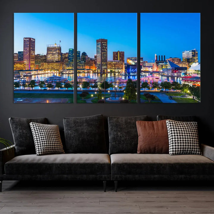 Baltimore City Lights Blue Skyline Large Wall Art Print Canvas Decor