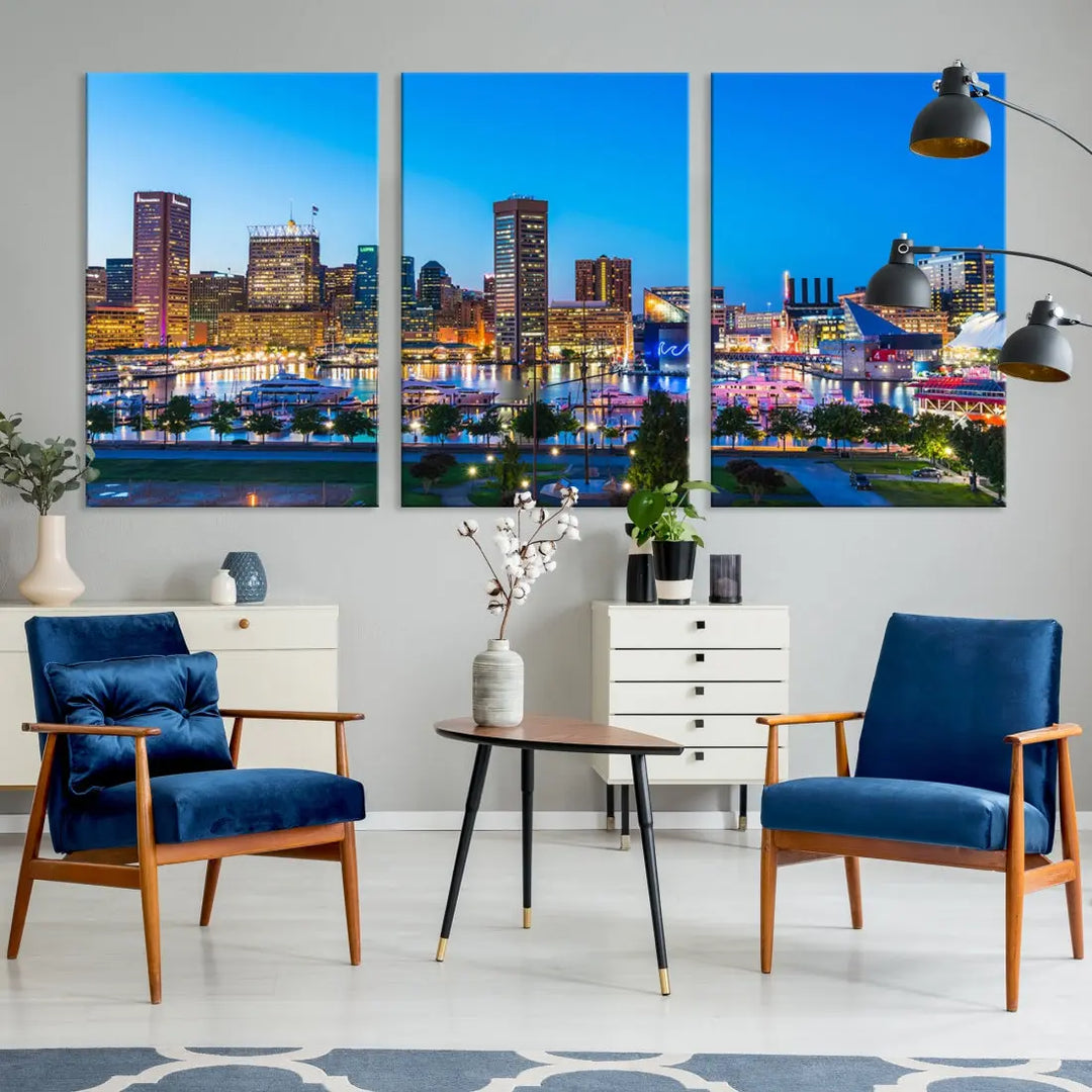 Baltimore City Lights Blue Skyline Large Wall Art Print Canvas Decor