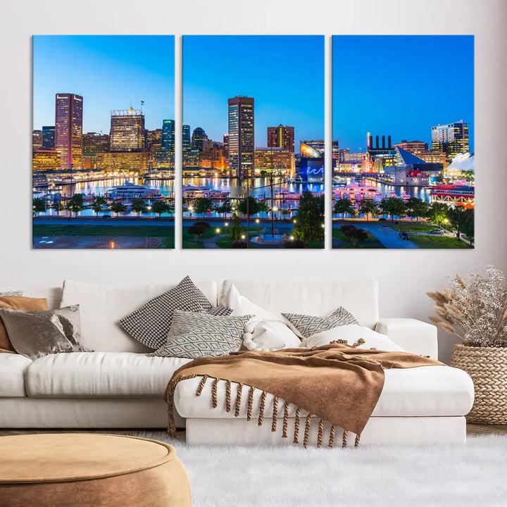 Baltimore City Lights Blue Skyline Large Wall Art Print Canvas Decor