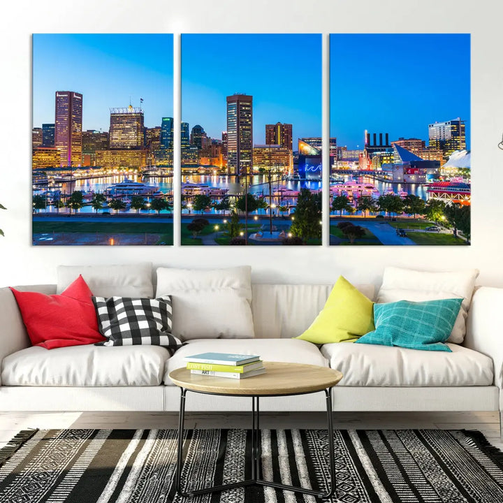 Baltimore City Lights Blue Skyline Large Wall Art Print Canvas Decor