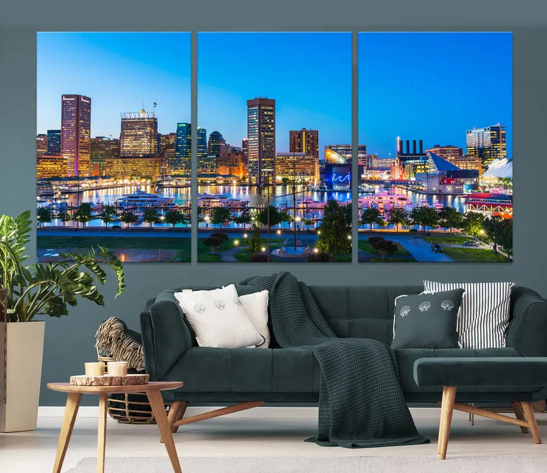 Baltimore City Lights Blue Skyline Large Wall Art Print Canvas Decor