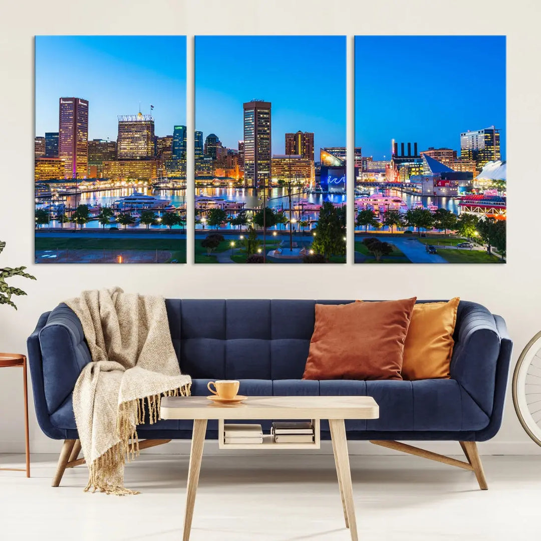 Baltimore City Lights Blue Skyline Large Wall Art Print Canvas Decor