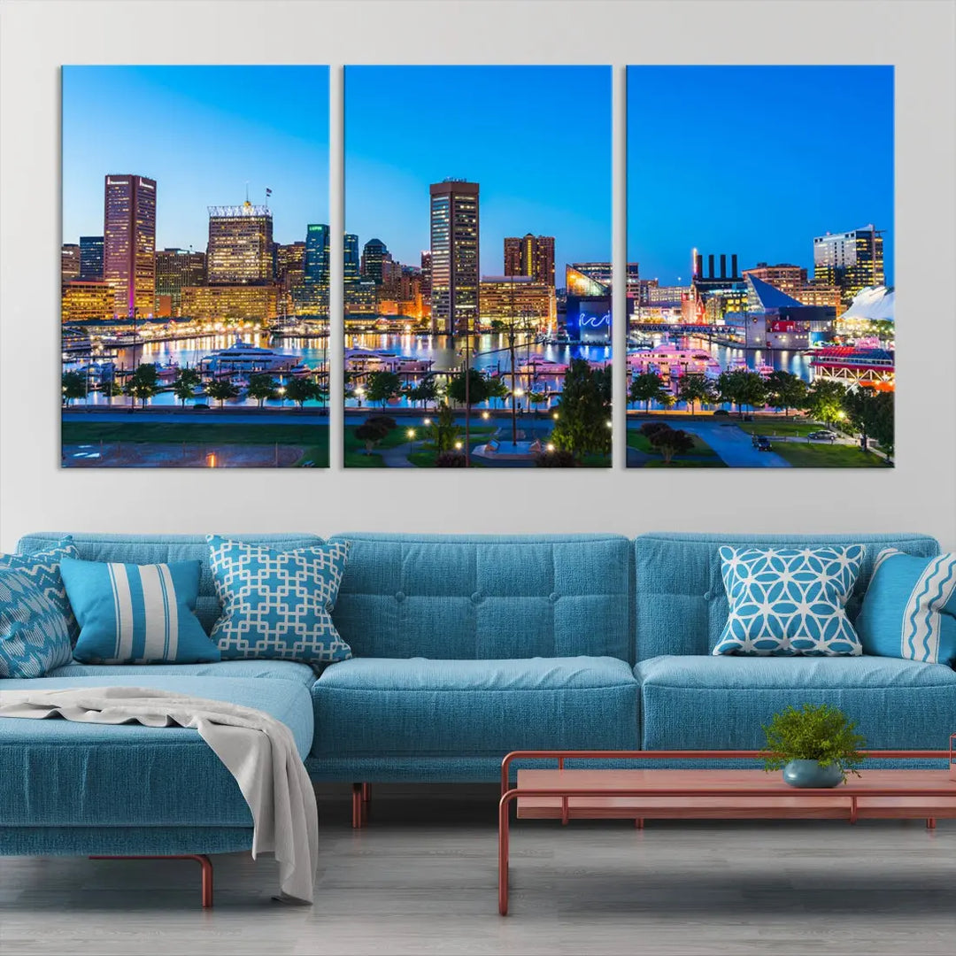 Baltimore City Lights Blue Skyline Large Wall Art Print Canvas Decor