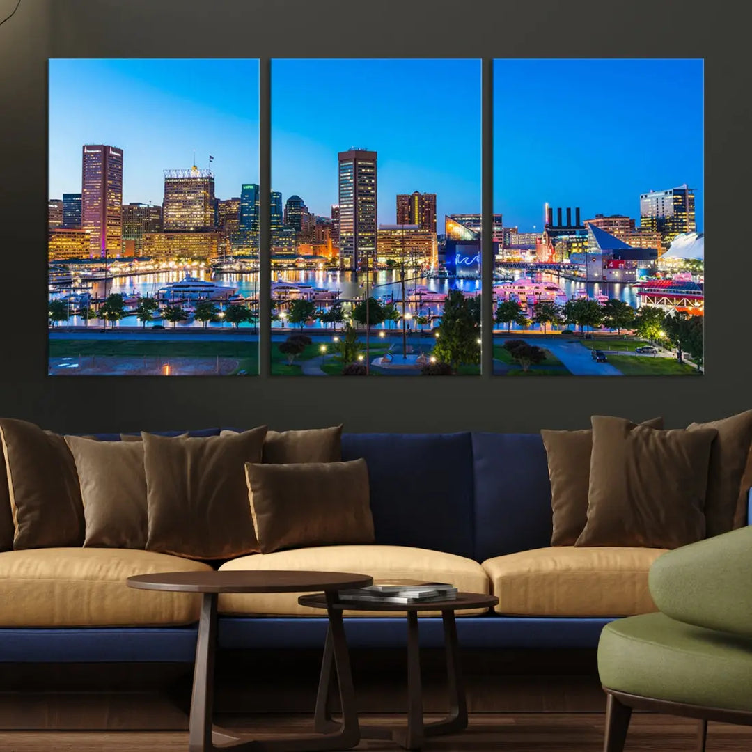 Baltimore City Lights Blue Skyline Large Wall Art Print Canvas Decor