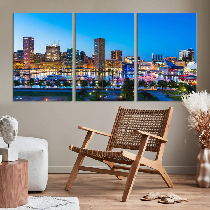 Baltimore City Lights Blue Skyline Large Wall Art Print Canvas Decor