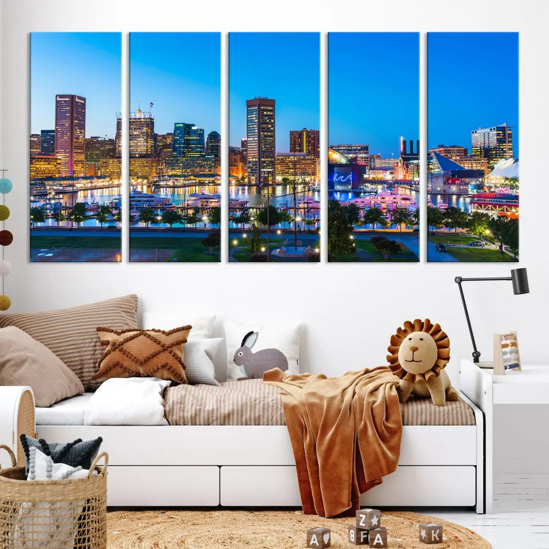 Baltimore City Lights Blue Skyline Large Wall Art Print Canvas Decor